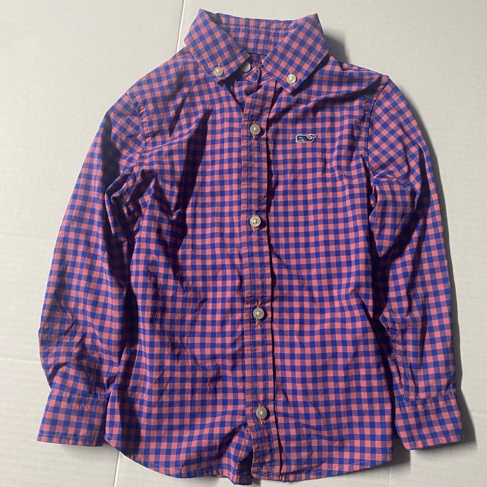 Vineyard Vines boys on the go Gingham long sleeve button down shirt blue/pink